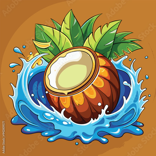 Coconut whole with tree holes Cartoon coconut icon Coconut milk