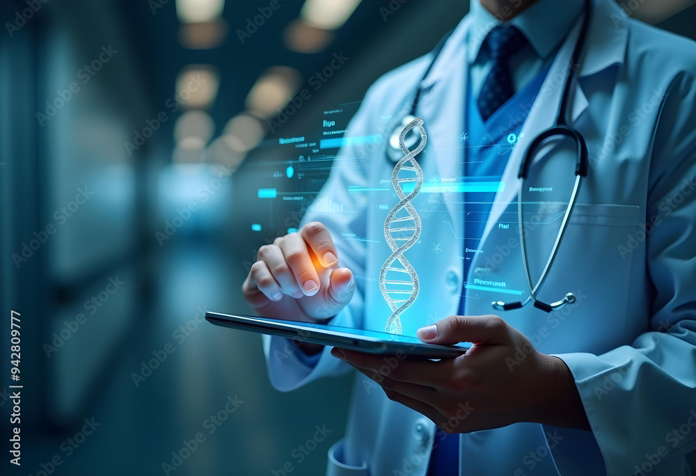 The hologram shows medical data or information. The scene is bathed in a cool, blue light, creating a futuristic and high-tech atmosphere The hologram shows medical data or information. The scene is bathed in a cool, blue light, creating a futuristic and high-tech atmosphere