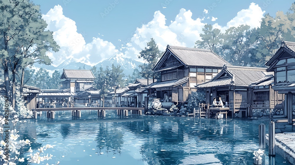 Fototapeta premium Tranquil Japanese Village with Traditional Houses and a River.