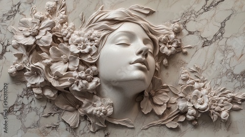 Elegant Relief Artwork: Woman's Face Surrounded by 3D Floral Designs in Monochrome, Perfect for Modern Home Decor or Poster in Artistic Spaces