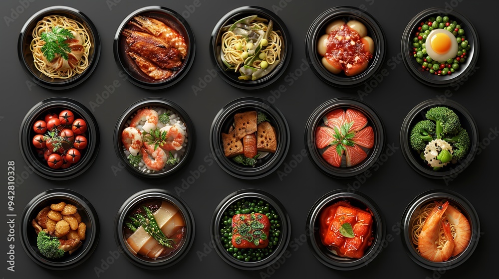 Set of Various Delicious Food in Black Dishes Isolated Set of Various Delicious Food in Black Dishes Isolated