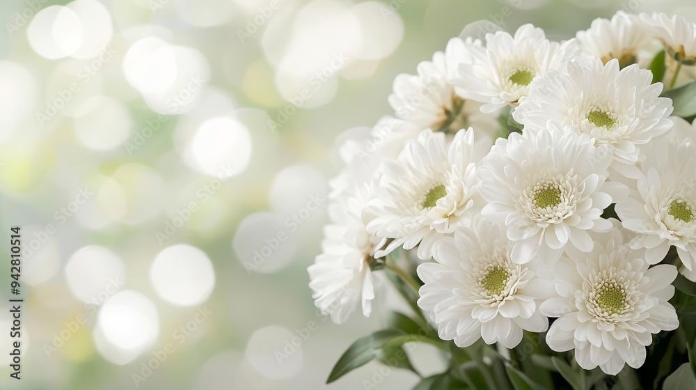 Pure white flowers in soft focus, surrounded by a dreamy bokeh backdrop, ideal for conveying peace and solemnity in memorial visuals Pure white flowers in soft focus, surrounded by a dreamy bokeh backdrop, ideal for conveying peace and solemnity in memorial visuals