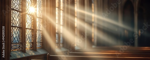 Radiant sunbeams shining through Gothic-style church windows, highlighting the intricate design and creating a mystical, ethereal atmosphere inside the sacred space