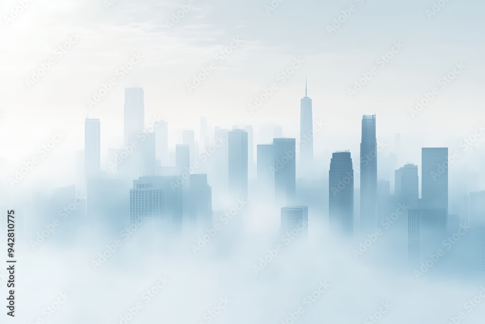 A serene skyline shrouded in mist, highlighting towering buildings disappearing into soft clouds. A serene skyline shrouded in mist, highlighting towering buildings disappearing into soft clouds.