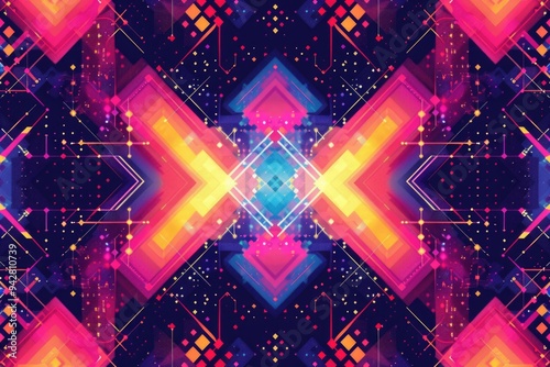 A colorful geometric design featuring stars and squares