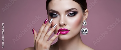 Beautiful model girl with pink and silver metallic manicure on nails . Fashion makeup smokey eyes and cosmetics . Big silver diamond Shine earrings jewelry .