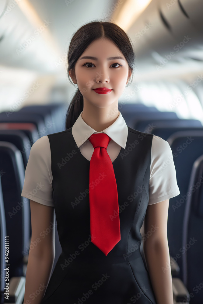 Asian flight attendant standing in the aisle, ready to assist passengers with a pleasant expression and professional posture. Asian flight attendant standing in the aisle, ready to assist passengers with a pleasant expression and professional posture.