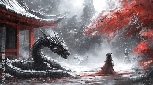 A Dragon Watches A Woman Kneel Before A Red Pagoda in a Snowy Forest. photo