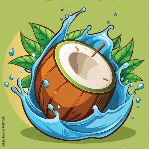 Coconut whole with tree holes Cartoon coconut icon Coconut milk