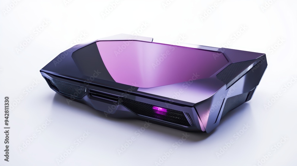 A sleek, futuristic gaming console with a glossy purple finish, designed for immersive gaming experiences.