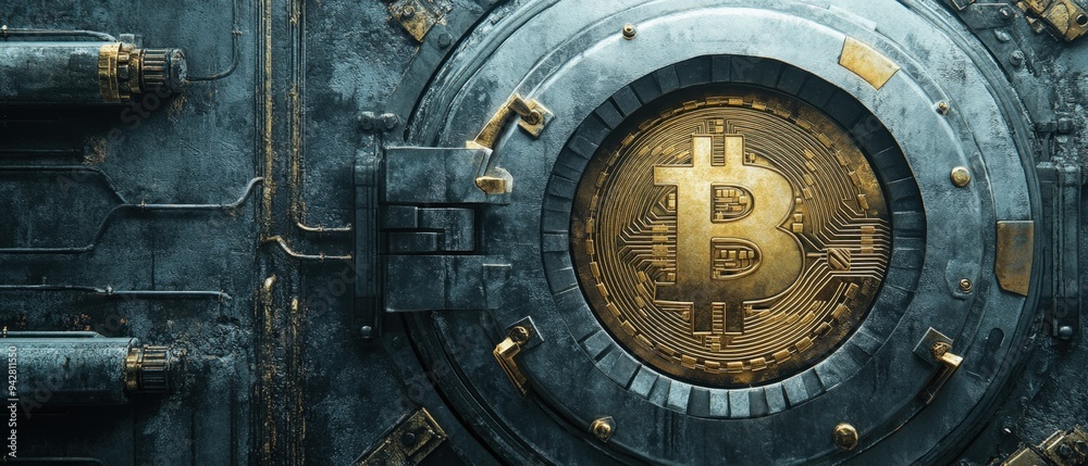 Bitcoin icon locked within a digital vault, surrounded by layers of secure encryption keys, [Bitcoin], [vault encryption].