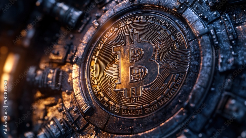 Fototapeta premium Bitcoin icon locked within a digital vault, surrounded by layers of secure encryption keys, [Bitcoin], [vault encryption].