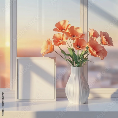 a vase with luxurious bright flowers stands on the table next to an empty square frame, luxury. Interior in minimalism with panoramic windows against the backdrop of the sunset. photo