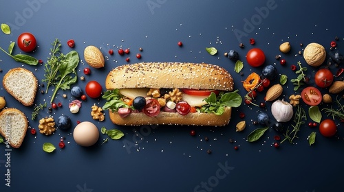 A delicious sandwich surrounded by fresh ingredients on a dark background, perfect for food styling and culinary arts. photo