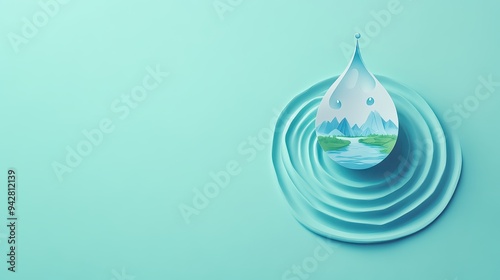A stylized water droplet featuring a serene landscape, symbolizing nature, tranquility, and freshness on a soft blue background.