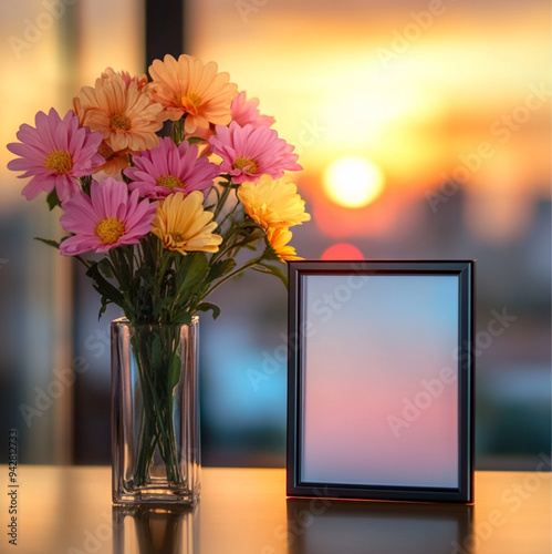 a vase with luxurious bright flowers stands on the table next to an empty square frame, luxury. Interior in minimalism with panoramic windows against the backdrop of the sunset. photo