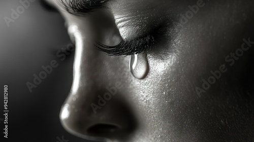 Close-up of a single tear rolling down a woman's cheek