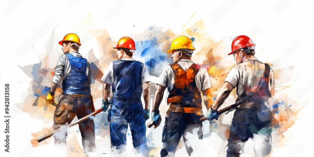 Fototapeta premium Vibrant Watercolor Tribute to Hardworking Professionals: AI-Generated Art Celebrating Labor Day and Skilled Workers. Abstract Composition of Dedicated Technicians and Craftsmen, Perfect for Marketing 