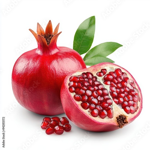 Fresh red pomegranate with seeds, cut in half.