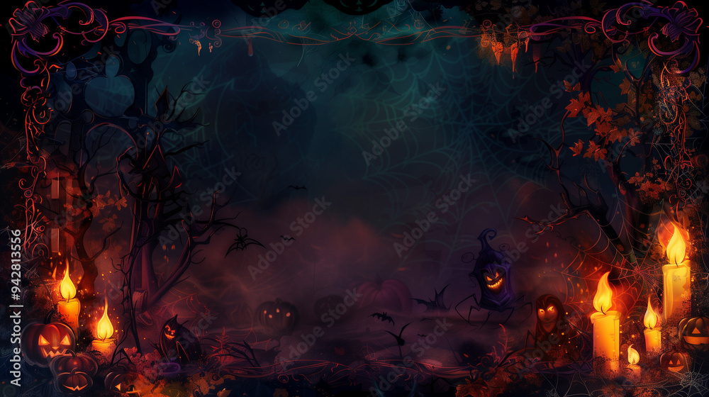Fototapeta premium Whimsical Halloween Night with Jack-o'-Lanterns, Candles, and Spiderwebs, Dark Fantasy Background with Copy Space