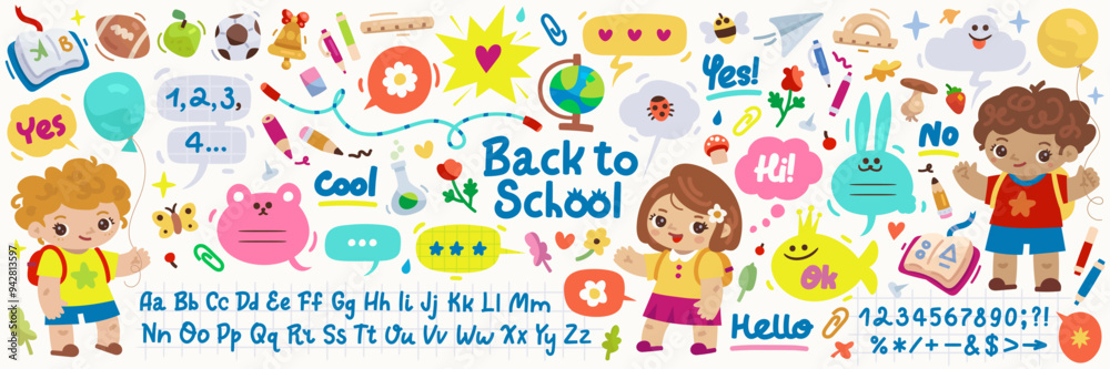 Back to school cartoon set with student kids character, English althabet and school supplies isolated on background. Elementary school vector elements collection. Numbers and letters calligraphy Back to school cartoon set with student kids character, English althabet and school supplies isolated on background. Elementary school vector elements collection. Numbers and letters calligraphy