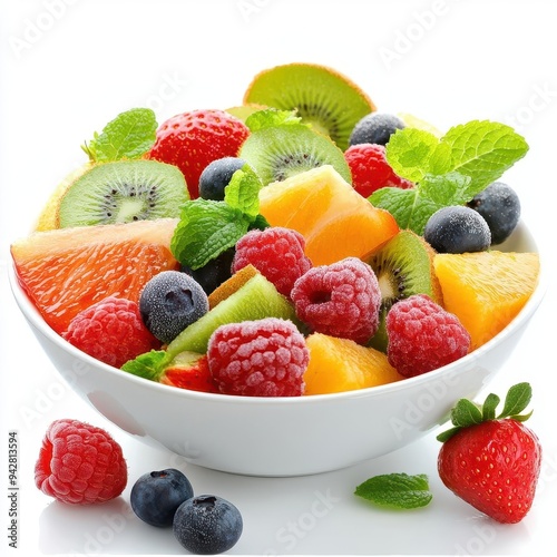 A bowl of healthy fresh fruit salad on a white background