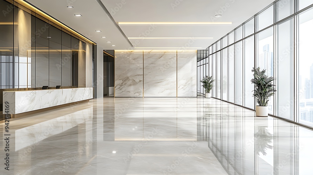 Sophisticated Empty Reception Space with Glossy Marble Surfaces, Subtle Architectural Features, and Expansive Floor Plan Sophisticated Empty Reception Space with Glossy Marble Surfaces, Subtle Architectural Features, and Expansive Floor Plan