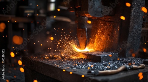 An experienced blacksmith hammers heated metal on an anvil, with sparks flying in the air photo