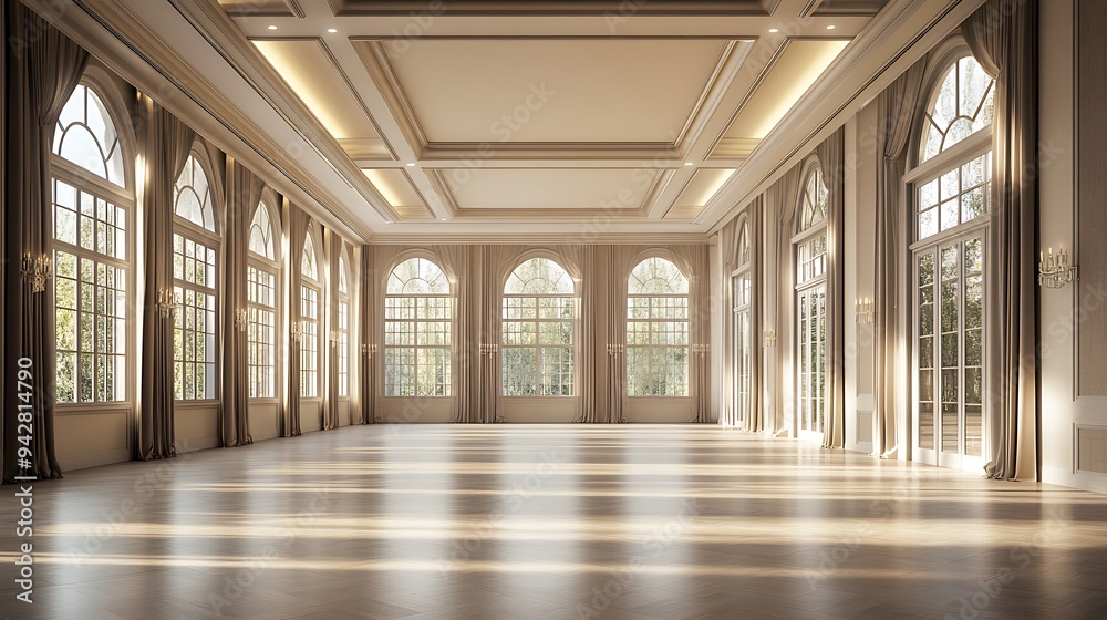 Spacious Empty Event Hall with Expansive Floor Plan, Tall Windows, and Luxurious Neutral Decor Spacious Empty Event Hall with Expansive Floor Plan, Tall Windows, and Luxurious Neutral Decor