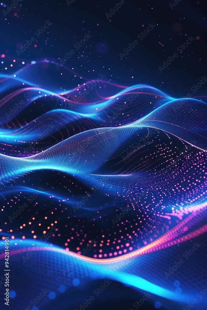 A stylized wave pattern with blue and pink hues and scattered dots A stylized wave pattern with blue and pink hues and scattered dots