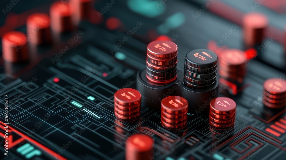Close-up view of intricate electronic components on a circuit board, showcasing vibrant colors and detailed patterns. Close-up view of intricate electronic components on a circuit board, showcasing vibrant colors and detailed patterns.