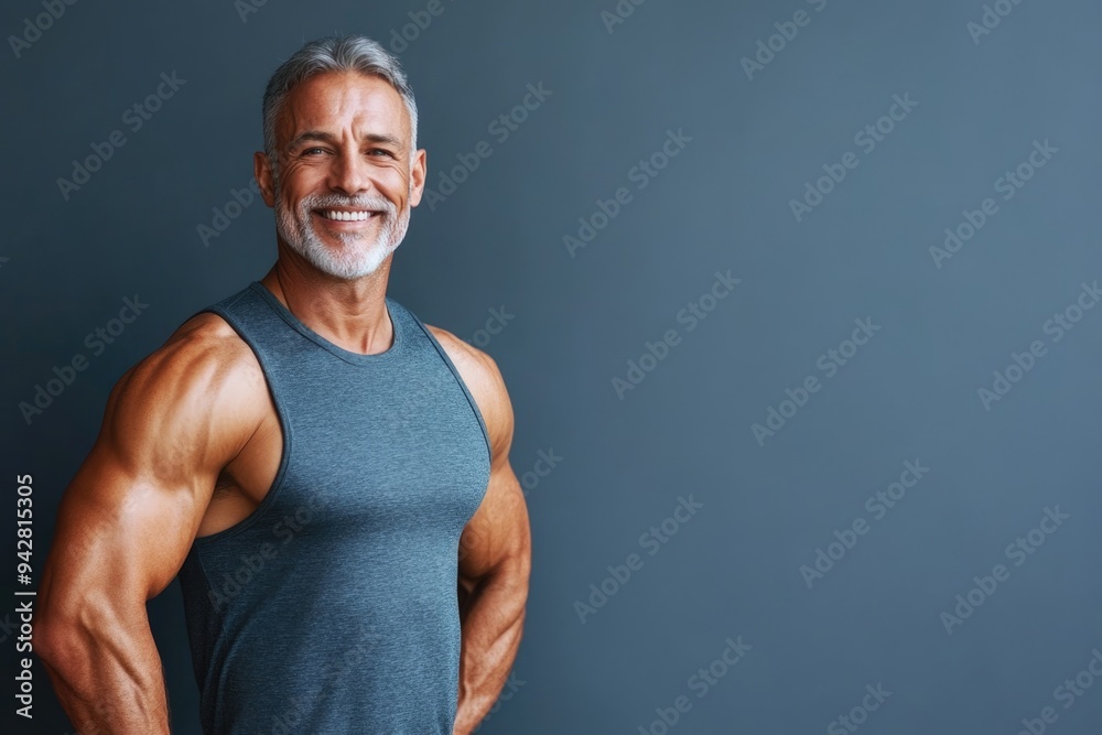 A fit senior male presenter smiling proudly, standing with a strong posture against a solid-colored background, highlighting his muscular physique A fit senior male presenter smiling proudly, standing with a strong posture against a solid-colored background, highlighting his muscular physique
