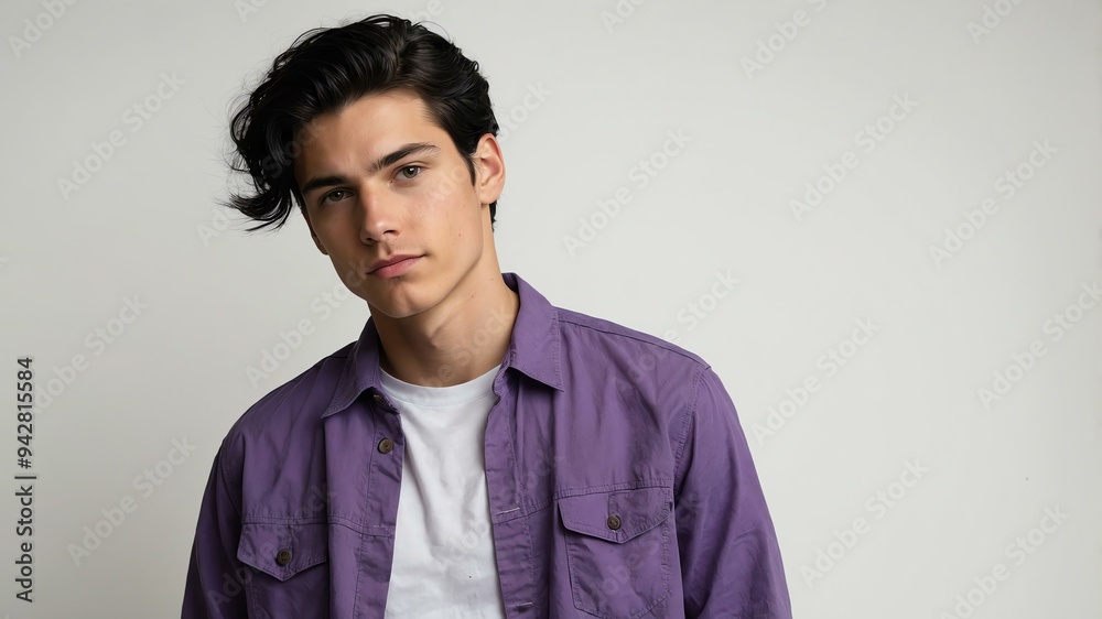 Fototapeta premium teen stunning black hair white man with purple shirt model portrait standing straight on a white wall for ad concept space for text
