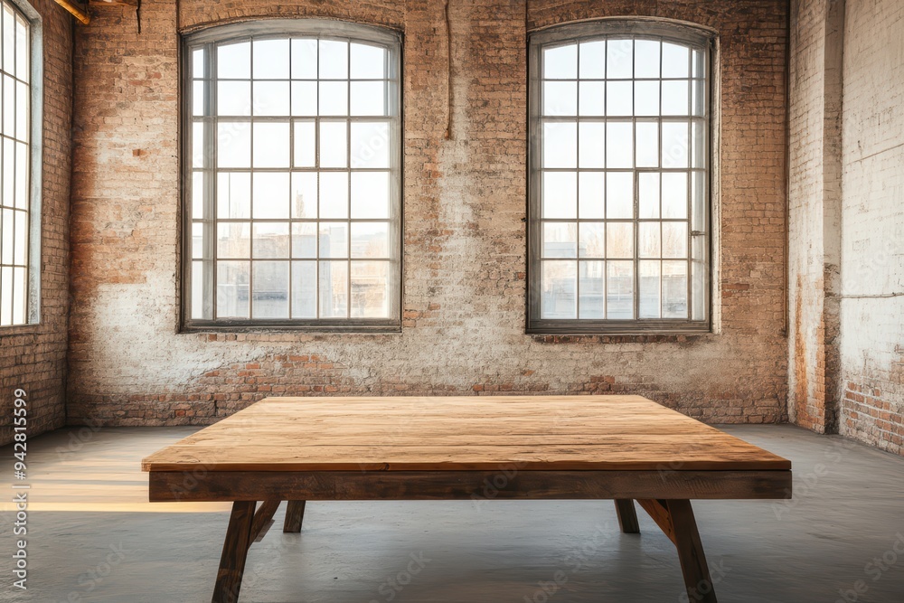 Bright, spacious room featuring a rustic wooden table and large industrial windows against a brick wall backdrop. Bright, spacious room featuring a rustic wooden table and large industrial windows against a brick wall backdrop.