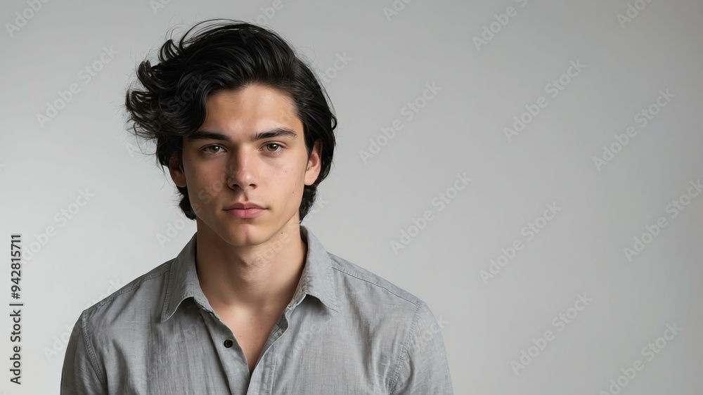 Fototapeta premium teen stunning black hair white man with gray shirt model portrait standing straight on a white wall for ad concept space for text