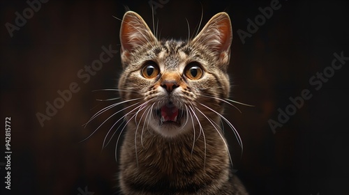 Studio Portrait of Funny and Excited Cat Face Showing Surprise photo
