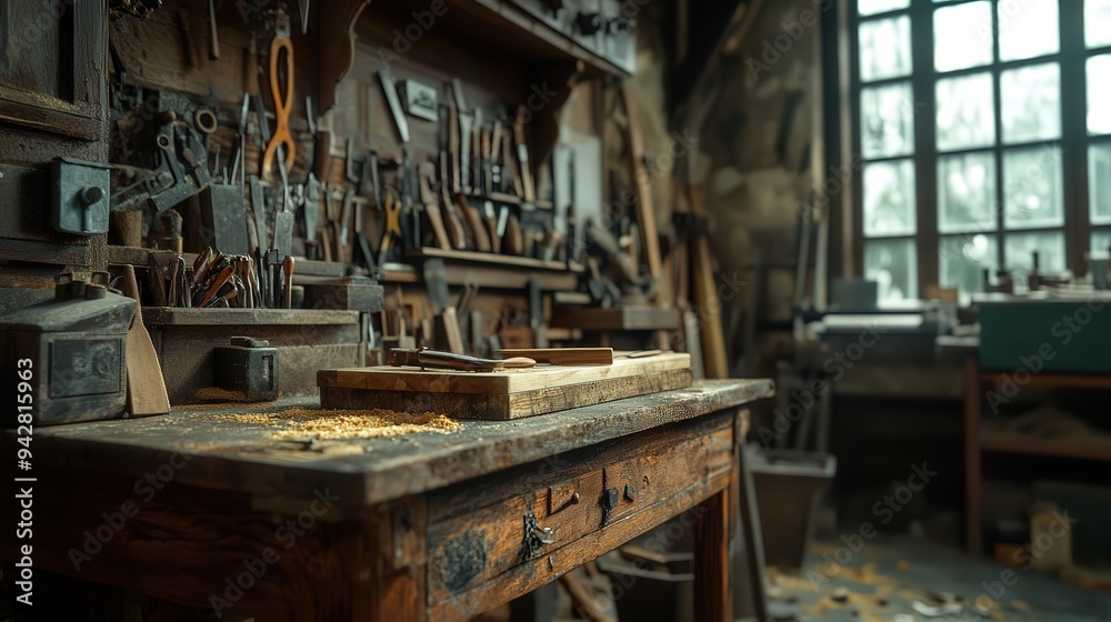 The workspace showcases a variety of hand tools neatly organized on the walls, with wood shavings scattered across an old wooden table, illuminated by warm sunlight The workspace showcases a variety of hand tools neatly organized on the walls, with wood shavings scattered across an old wooden table, illuminated by warm sunlight