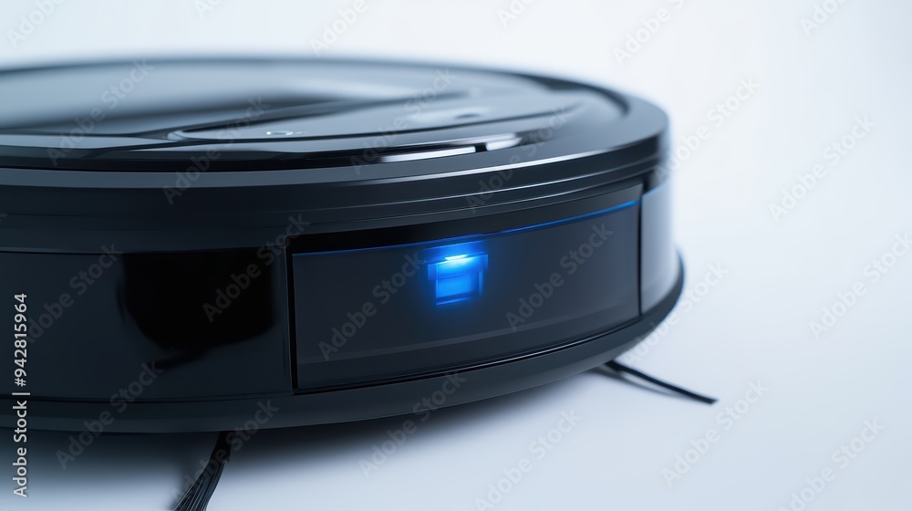 Fototapeta premium Close-up of a modern robotic vacuum cleaner showcasing its sleek design and illuminated power indicator on a clean surface.