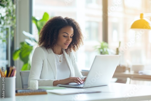 A young professional woman marketer works on her laptop in a brightly lit office, the scene exuding a light, happy feel with a high-end lifestyle magazine aesthetic