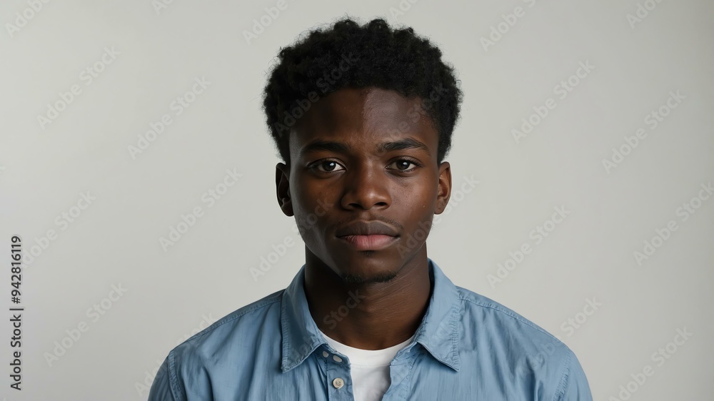 Obraz premium teen stunning black hair subsaharan african man with generic shirt model portrait standing straight on a white wall for ad concept space for text