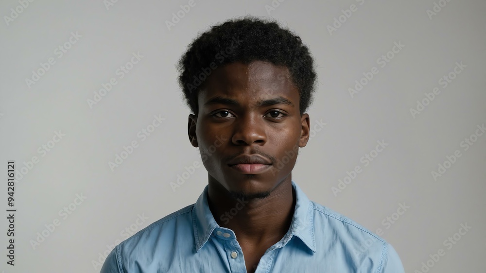 Obraz premium teen stunning black hair subsaharan african man with generic shirt model portrait standing straight on a white wall for ad concept space for text