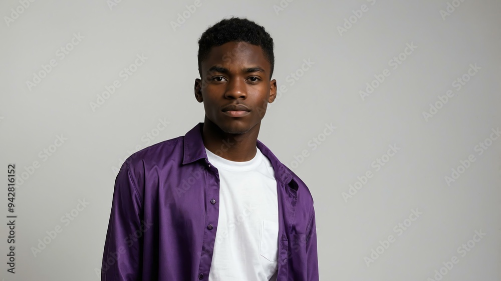 Obraz premium teen stunning black hair subsaharan african man with generic shirt model portrait standing straight on a white wall for ad concept space for text