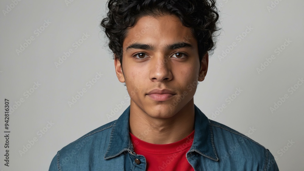 Obraz premium teen stunning black hair hispanic man with red shirt model portrait standing straight on a white wall for ad concept space for text