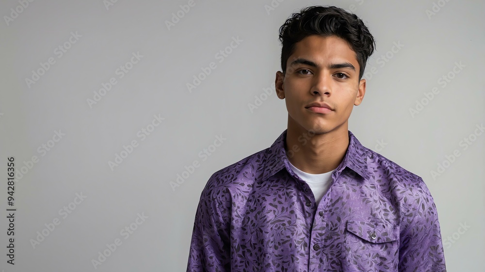 Obraz premium teen stunning black hair hispanic man with purple shirt model portrait standing straight on a white wall for ad concept space for text