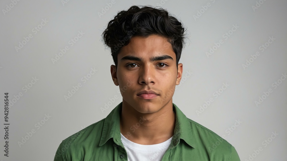 Obraz premium teen stunning black hair hispanic man with green shirt model portrait standing straight on a white wall for ad concept space for text