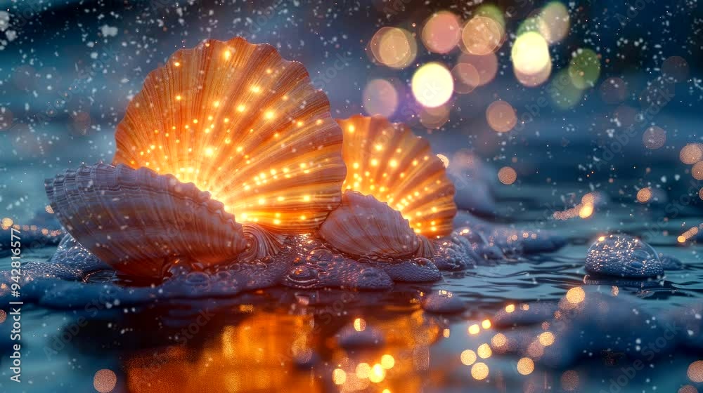 glowing seashells blueseaside moon. seamless looping time-lapse virtual 4k video animation background glowing seashells blueseaside moon. seamless looping time-lapse virtual 4k video animation background