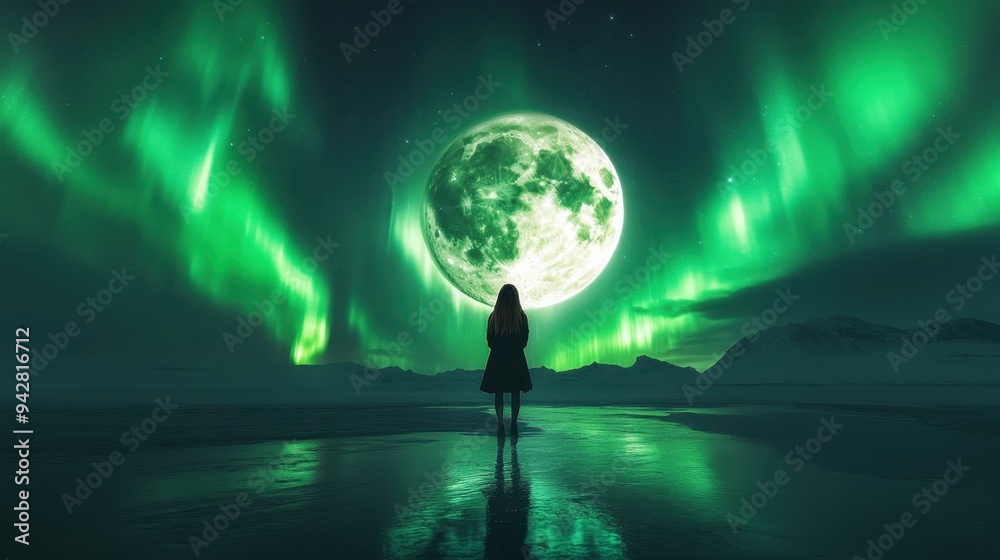 Young woman hand holding super moon in night sky with Northern lights or Aurora borealis in the sky,galaxy and starry night,pray,fantasy,blue moon,full moon on Thanksgiving Day,Romantic night scene. Young woman hand holding super moon in night sky with Northern lights or Aurora borealis in the sky,galaxy and starry night,pray,fantasy,blue moon,full moon on Thanksgiving Day,Romantic night scene.
