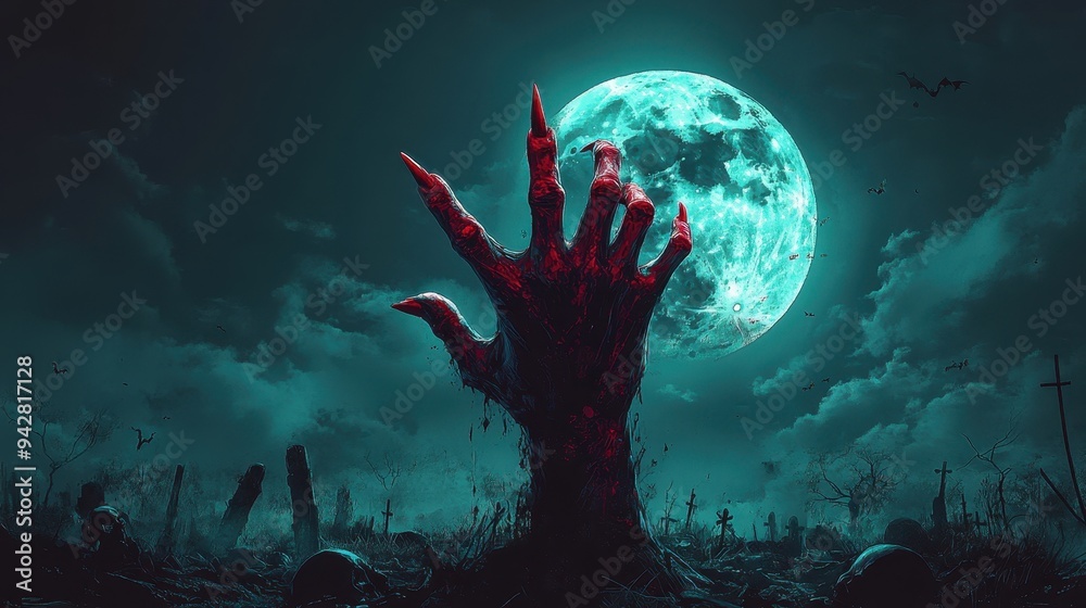 Obraz premium Bony pale hands of sexy woman vampire with sharp bloody red nails rising out from the ground,Halloween grave crosses,zombies at night,creepy hand coming out of the ground,halloween concept.