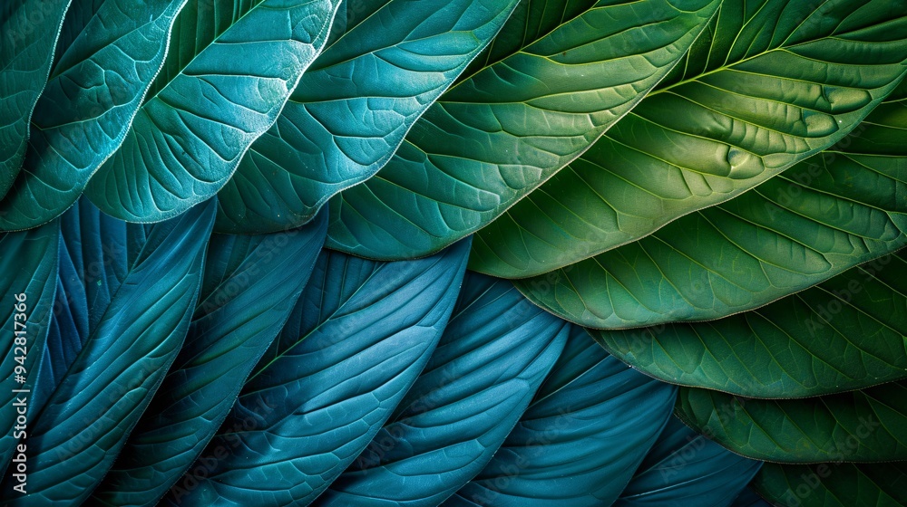 Obraz premium Abstract leaves create a unique wallpaper, a design that showcases natural colors. Green artwork, a depiction of leaf patterns.