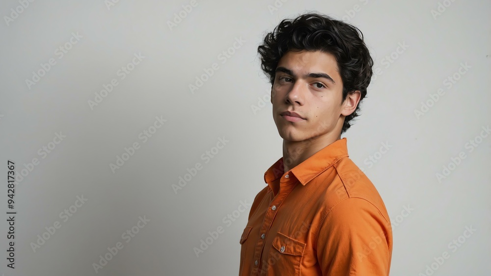 Obraz premium teen stunning black hair european man with orange shirt model portrait standing straight on a white wall for ad concept space for text